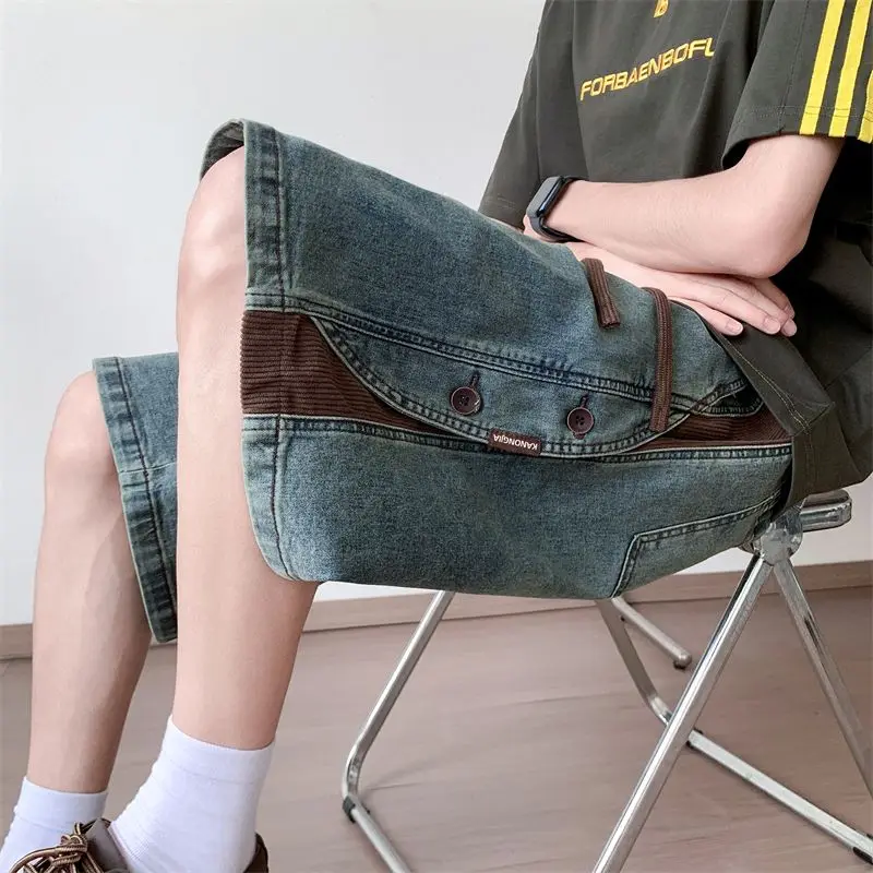 

Мужские джинсовые шорты в стиле ретро, летние, новые, в уличном стиле, с эффектом потертости, с дизайнерскими вставками, повседневные, длиной до колена