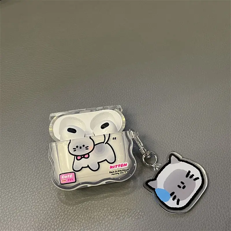 Cute Funny Cat Headphone Case For Apple AirPods 1 2 3 Cartoon Clear Cover with Keyring Soft Silicone Cases for AirPods Pro 2nd