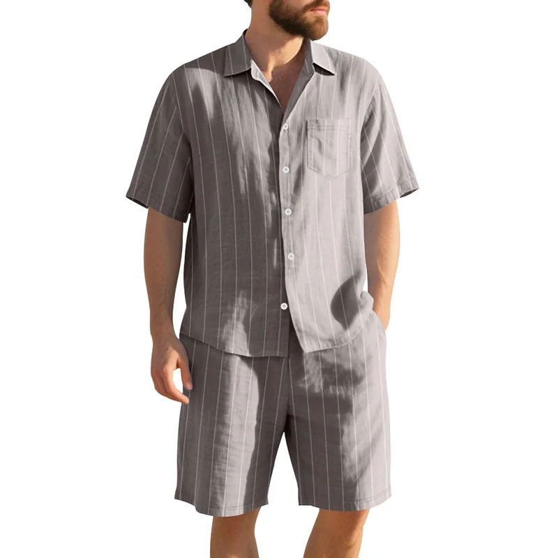 

Summer Men's Striped Jacquard Loose Short Sleeve Shirt Beach Shorts Two-piece Set