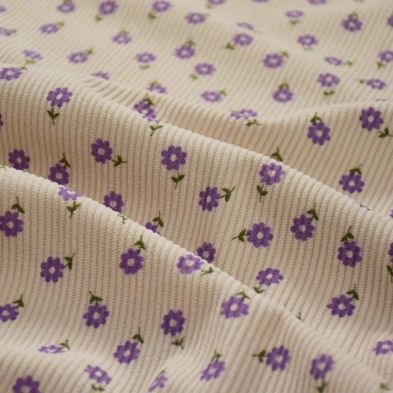 Corduroy Fabric for Girl\'s Garment Material, Beige Bottom with Purple Flower Print, Soft Thick Stripe, Autumn and Winter, T1941