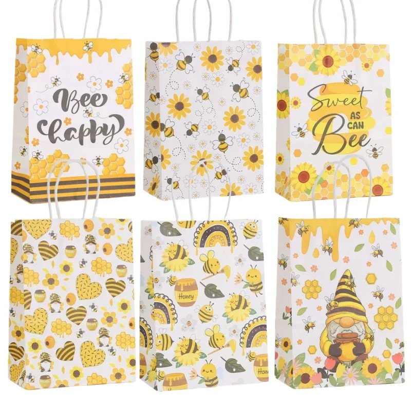 Sacs cadeaux abeille miel avec poignées, 6/24 pièces, sac à bonbons en papier abeille pour cadeaux de fête, décoration de fête d'anniversaire, fourniture de réception-cadeau pour bébé