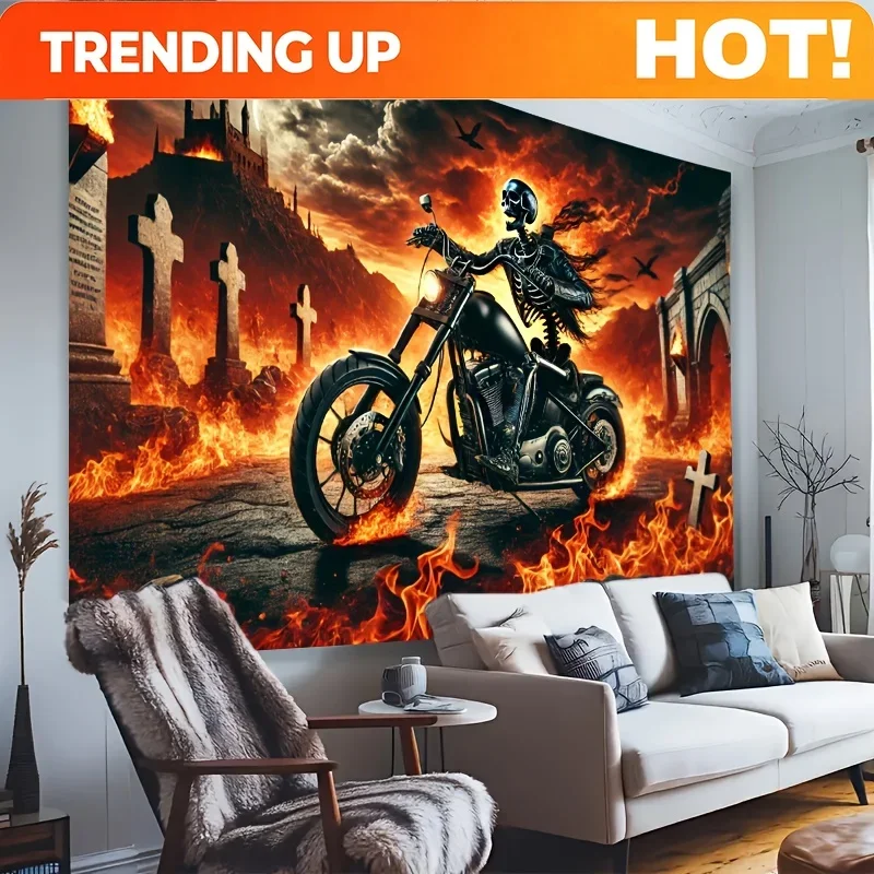 Customization 1pc Extra Large Motorcycle Rider Tapestry - Gothic Heavy Metal Poster - Fiery Skeleton Biker With Flames & Castle