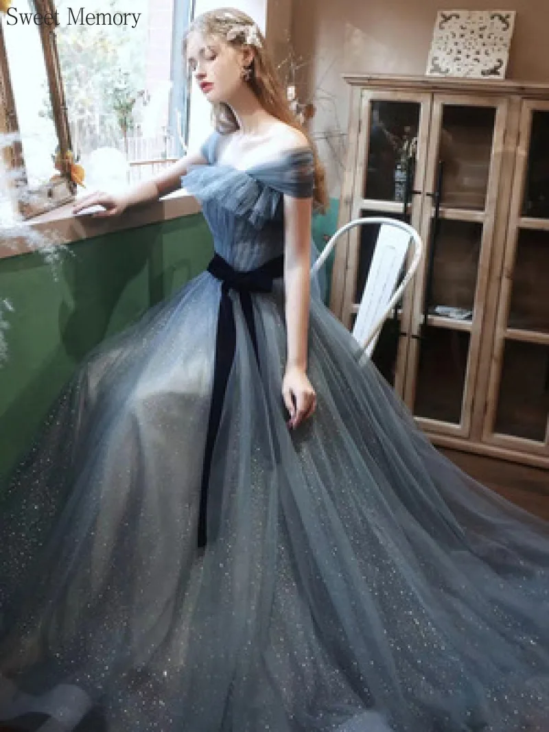 Sweet Memory Grey Blue Celebrity Dresses Tulle Mesh Net Lace Up Perform Princess Dress Floor Length Formal Evening Gown