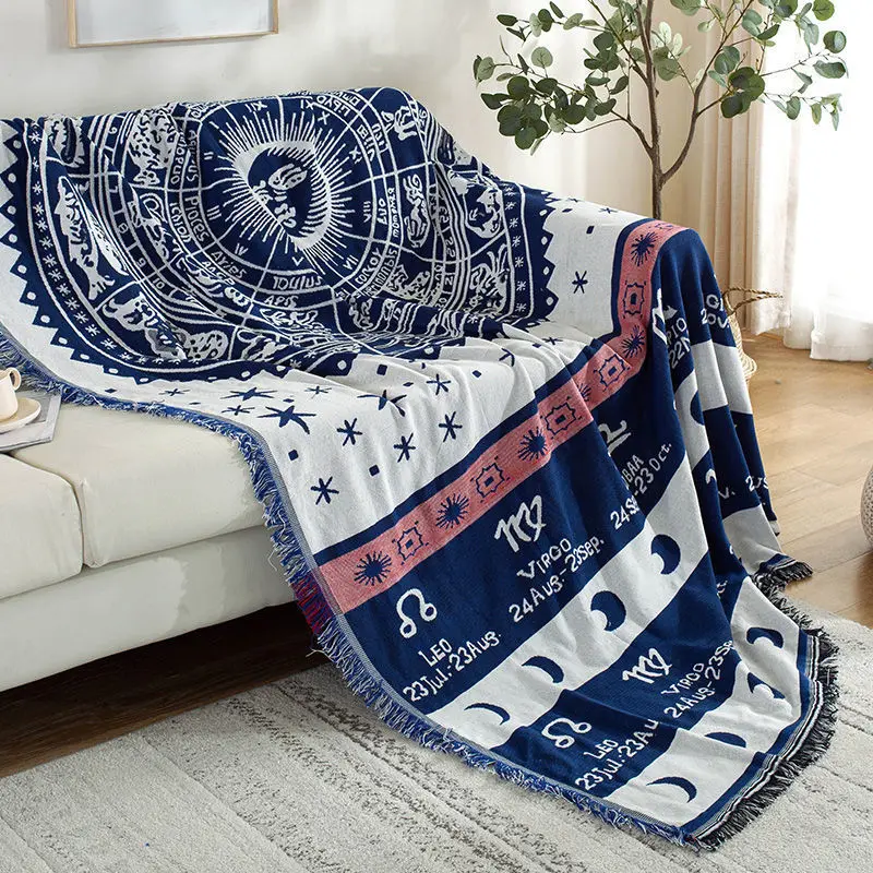 

Retro Celestial Moon Stars Double Sided Cotton Woven Couch Throw Blanket with Tassels Bed Sofa Chair