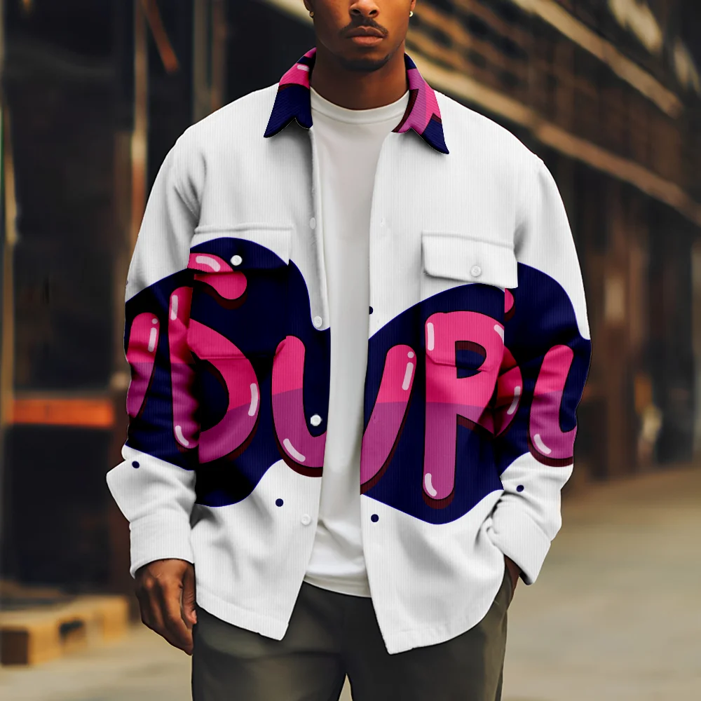 Cool Men's Jacket Graffiti Style Letter Print Long Sleeve Turn-down Collar Button Coat Casual Streetwear