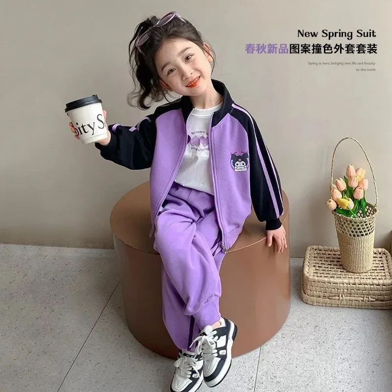 Sanrio Cartoon Kuromi Print Clothing Sets for Children Girls Jacket + Long Pants 2piece Autumn Baby Kids Teen Sweatsuits