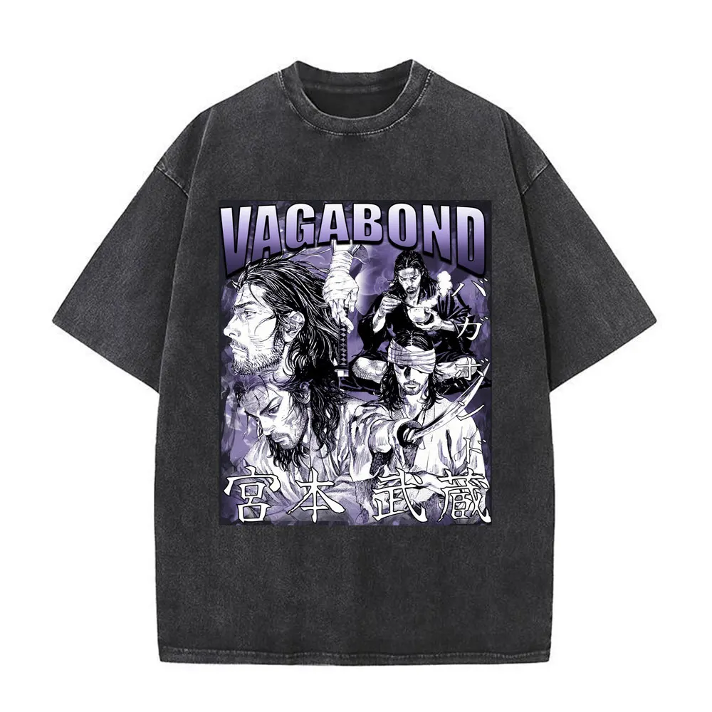 Vintage Washed Anime Vagabond Miyamoto Musashi Graphic T-shirts Men Women Clothing Oversized Short Sleeve T Shirts Streetwear
