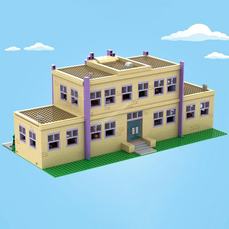 Moc Anime Simpsoned Modulaire Springfield Basisschool Stad Architectuur Bouwsteen Diy Kids Montage Bricks Speelgoed aanwezig