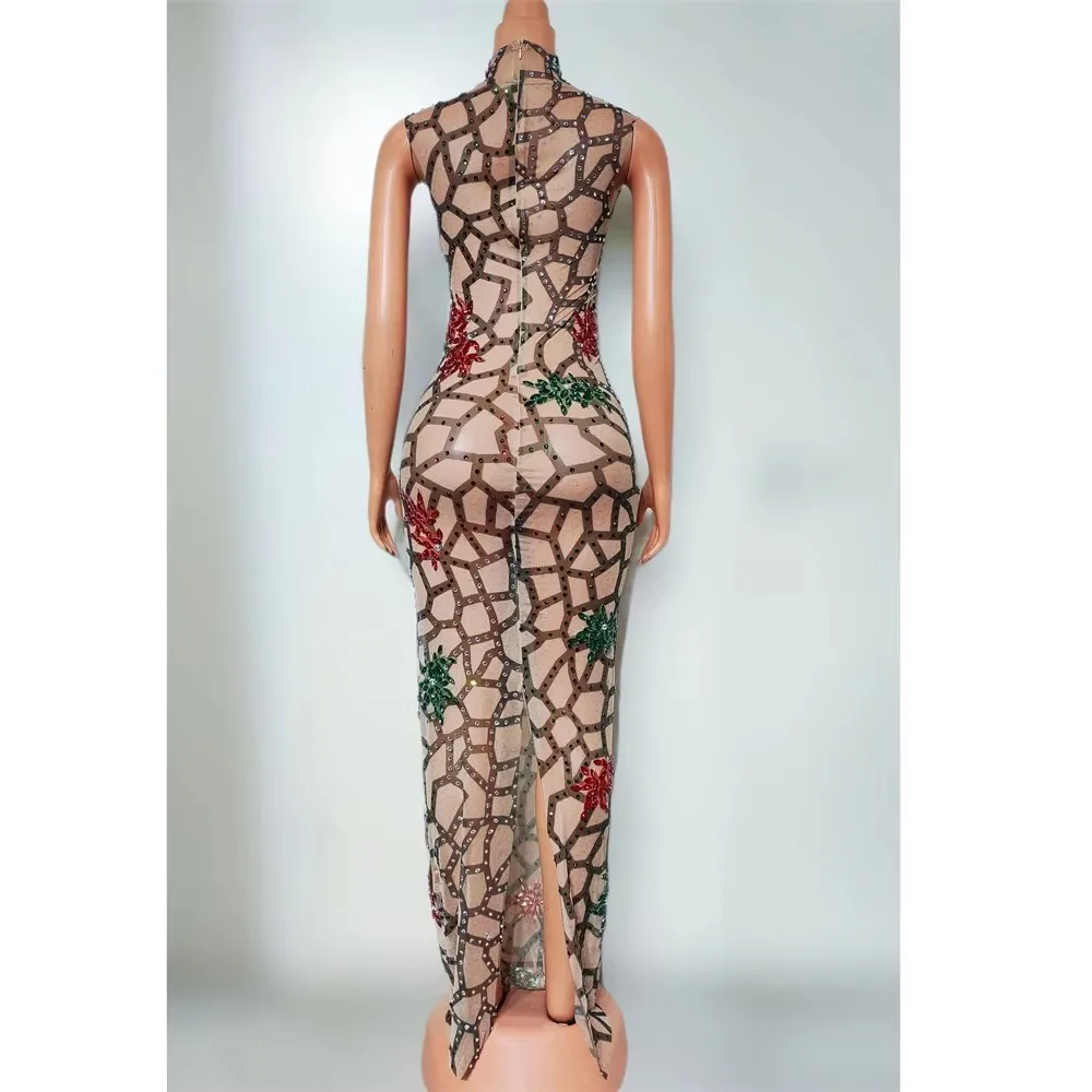 섹시한 민소매 롱 드레스 화려한 라인스톤 여성 투명 이브닝 가운 프롬, 생일, 캣워크, 무대 의상에 완벽