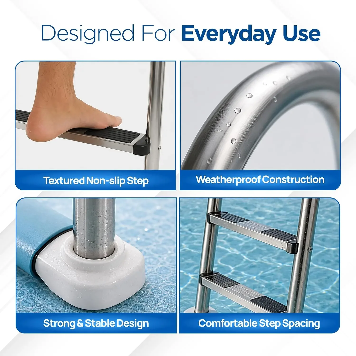 4-Step Pool Ladder - Non-Slip, 250 lb - 76 in - Stainless Steel | Above Ground Deck Mount, Weather Resistant Finish, Wide