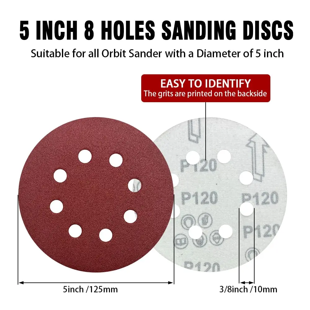 52 Pack 5 Inch 8-Hole Hook and Loop Sanding Discs Sandpaper Red Round 60 80 120 220 320 Mixed Grits Sandpaper for Random Orbital