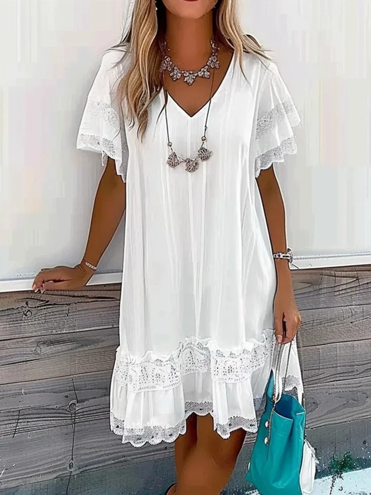 

Summer Casual Lace Loose Dresses For Women Fashion Splice Solid V-neck Short Sleeve White Dress Ladies Knee-length Midi Dress