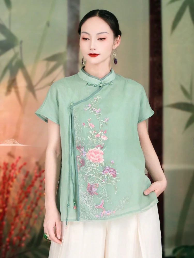 

Chuxing китайский льняной топ с вышивкой ort Sve воротник-стойка наклонной пуговице этнический универсальный топ женский летний модный