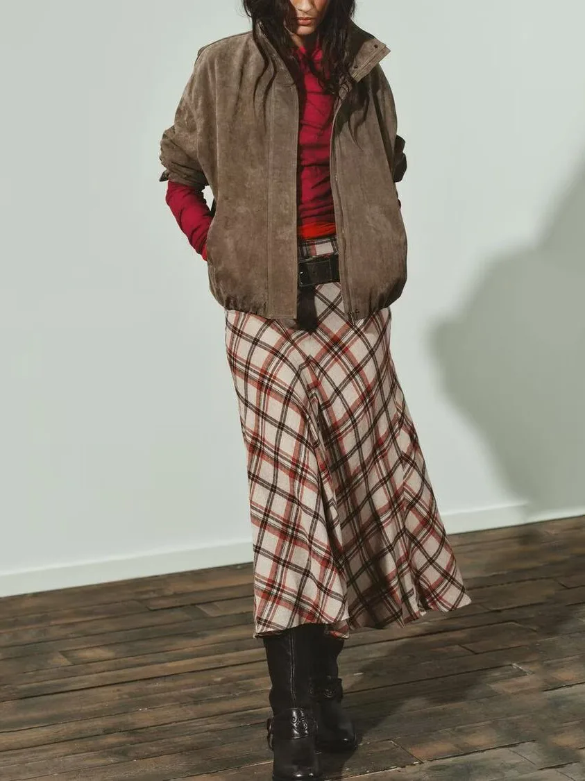 

Новое зимнее поступление, юбка-миди для женщин, роскошная клетчатая TRF Sle со средней талией, повседневная юбка-стойка, H-образный другой материал 00%