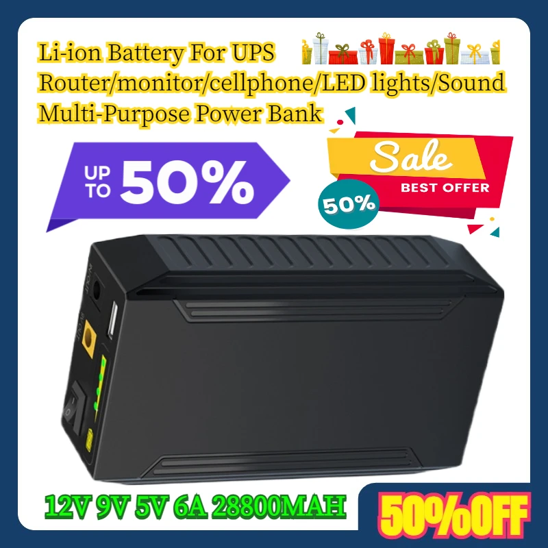 

12V 9V 5V 6A 28800MAH Li-ion Battery For UPS Router/monitor/cellphone/LED lights/Sound Multi-Purpose Power Bank