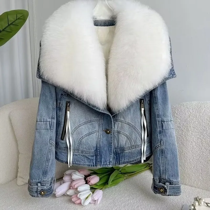 

2024 Hot Sales New Fashion Denim Goose Down Big White Fox Fur Collar Detachable Goose Down Filling Inner Lining High-End Jacket