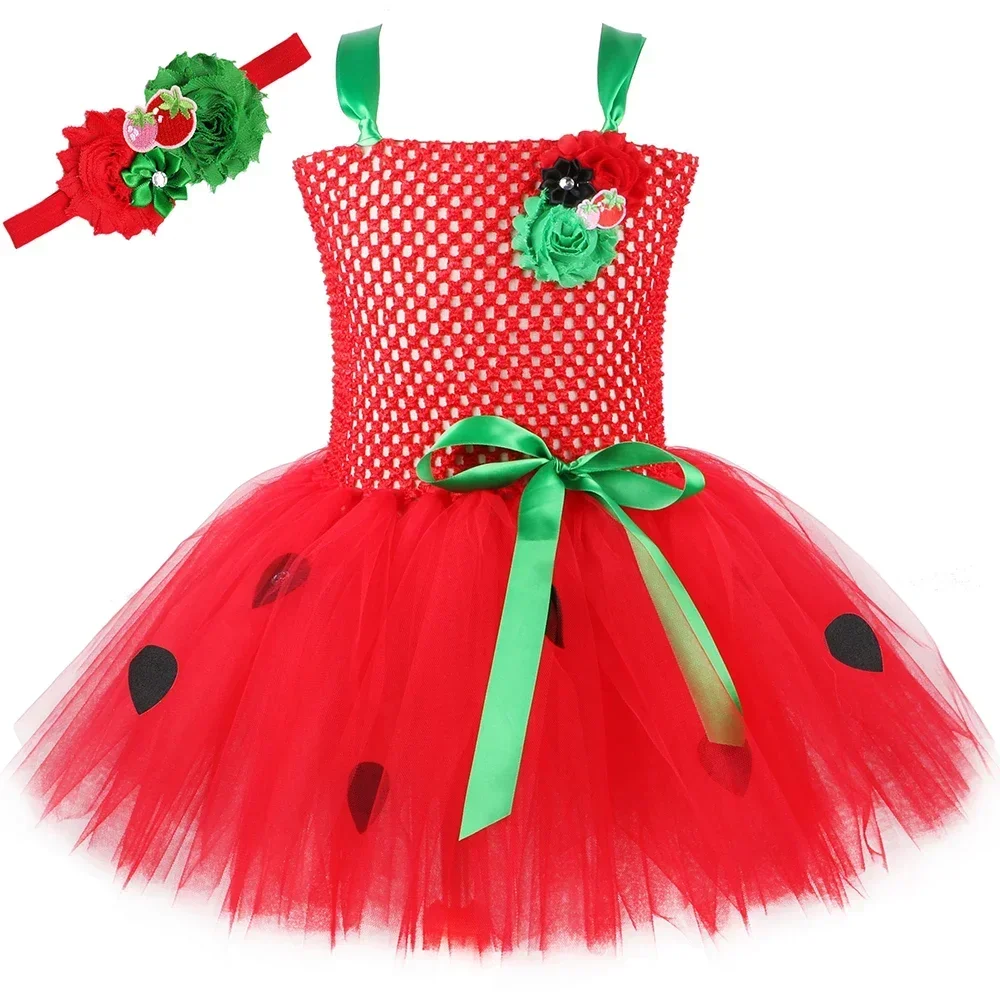 Strawberry Costume Kids Halloween Carnival Perform Fruit Dress Up Clothes Red Tutu Dress Girls Christmas Birthday Party Dresses