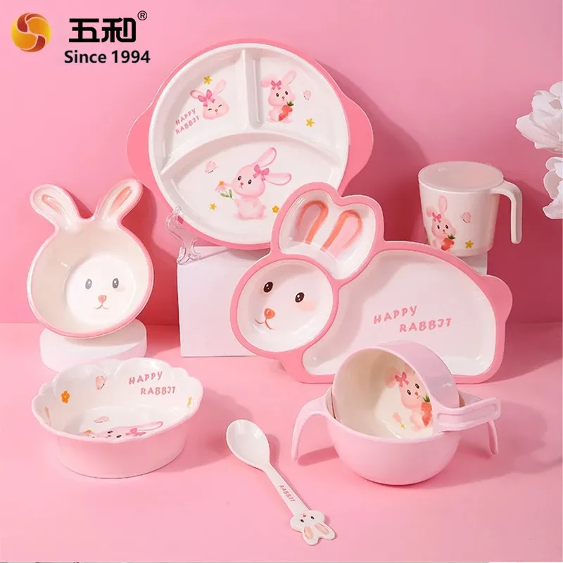 

WU HE Children Tableware Cute Rabbit Dinner Plates Food Grade Baby Complement Bow Cup Anime Cartoon Girel Rice Bowls