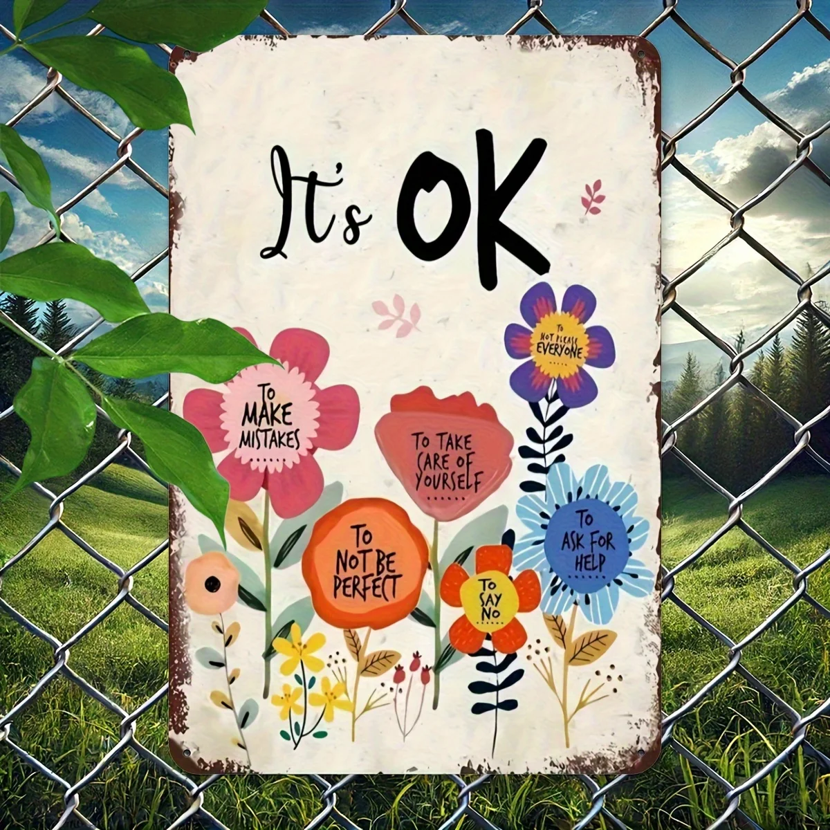 1 pièce Décoration murale vintage florale et d'affirmations positives - Panneau métallique motivant « C'est OK » avec citations sur le bien-être personnel, Pastel Flo