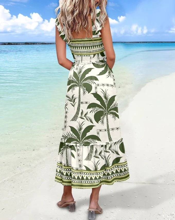 Women's Dress Spring Summer Floral Print Ruffles Shirred Waist Maxi Dress with Pockets Casual Flowy A Line Vacation Dress