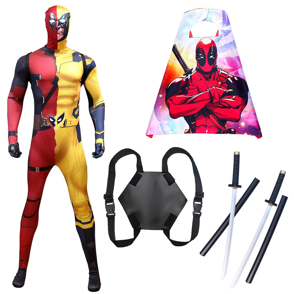 액세서리가 포함된 마블 데드풀 울버린 코스프레 의상 세트 |   2025년 할로윈 파티 의상 |   코믹콘 코스프레 세트