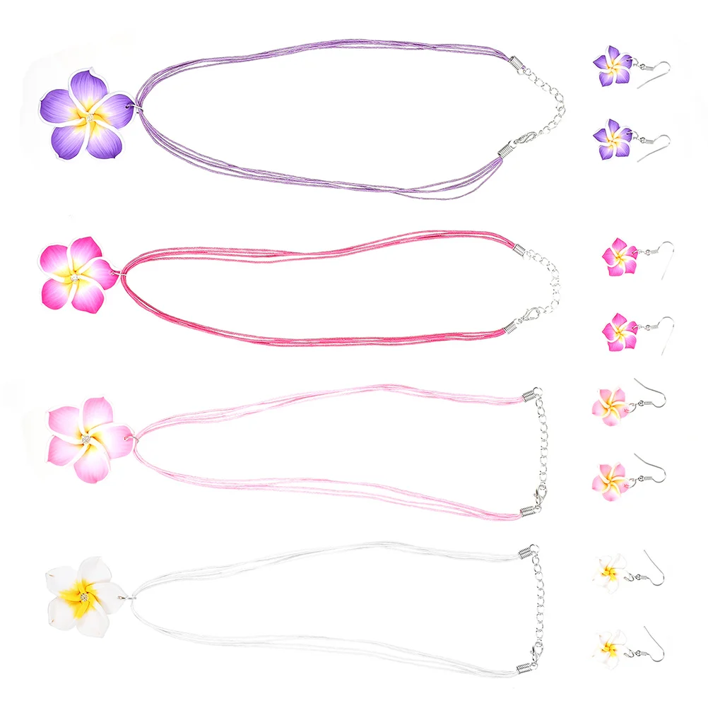 

4 Sets Plumeria Earring Necklace Hawaiian Flower Beach Earrings Necklaces Bracelet Suits for Women Earings Dangle