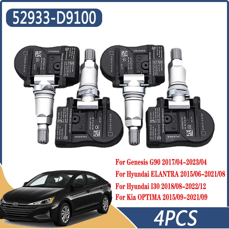 4PCS TPMS 52933-D9100 For 2017-2023 Genesis G90 2018-2022 Hyundai I30 Grandeur Kona 2015-2021 Kia Optima Tire Pressure Sensor