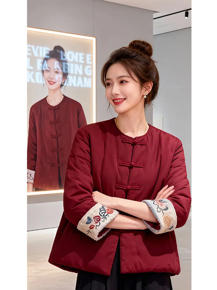 

New Chinese Sle Women's down Cotton Jaet Red Faionable Warm Coat Winter New Arrival High-End Feeling Thiened Long Sve