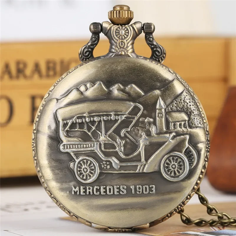 

Vintage Carved Car Design Men Women Retro Pocket Watch Quartz Movement Arabic Numeral with Fob Necklace Chain Gifts