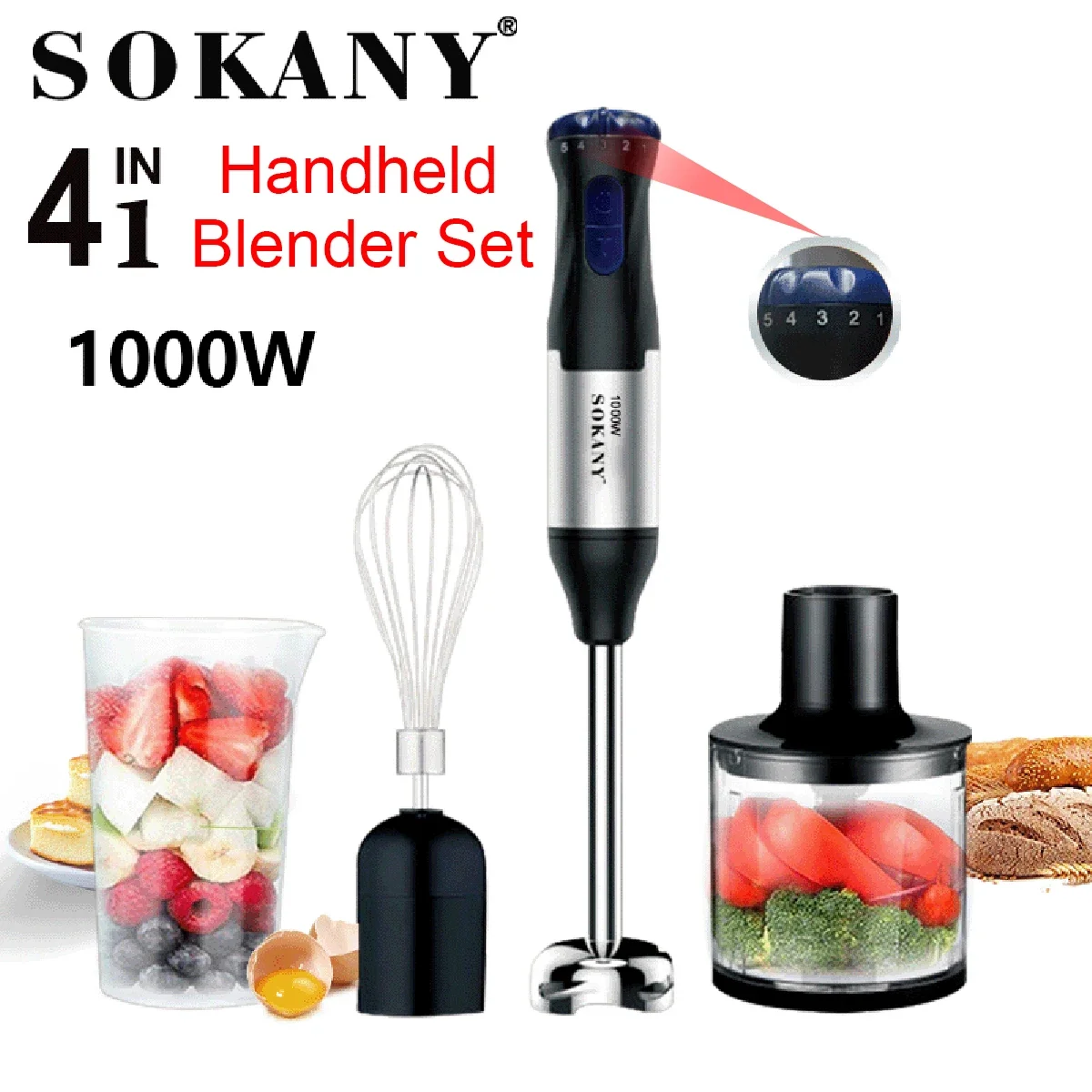 4 in1 5 Speeds for Home Kitchen Auto Meat Mixer Grinder Vegetable Juicer Egg Mixer 1000W Handheld Blender Electric Mixer Grinder