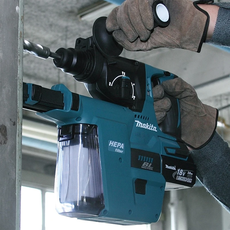 Makita DHR242 18V Brushless Cordless Hammer Drill With DX06 Dust Extraction System Automatic Dust Collector Power Tool Set