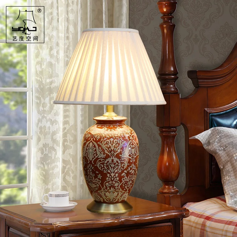 40x65cm Luxurious Large Table Lamp Chinese Style Vintage Red Paiting Ceramic Table Lamps For Bedroom Living Room Bedside Lamp