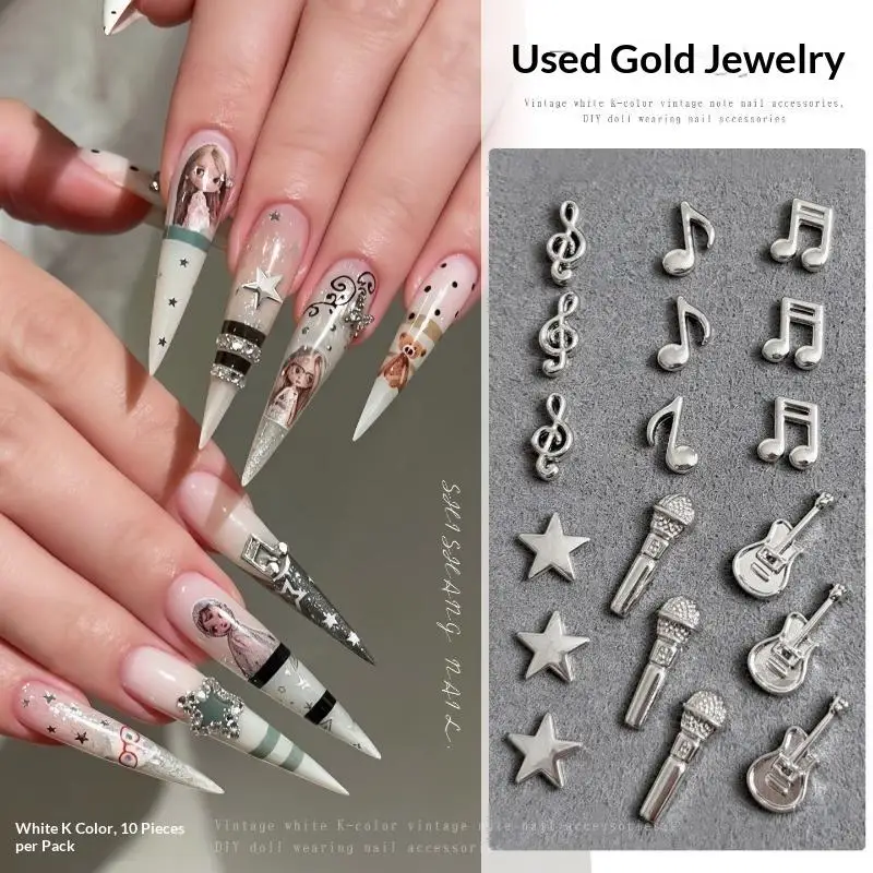 10Pcs Notes Guitar Microphone Punk Style Music Elements Rivet Nail Decor Silvery Instruments Metal Nail Art Charms Decoration