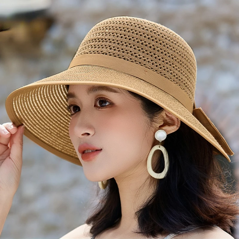 

Women's Wide Brim Straw Hat Summer Hollow-Out Sun Hat with Back Split Bow UV Protection Elegant Breathable Sunscreen for Beach