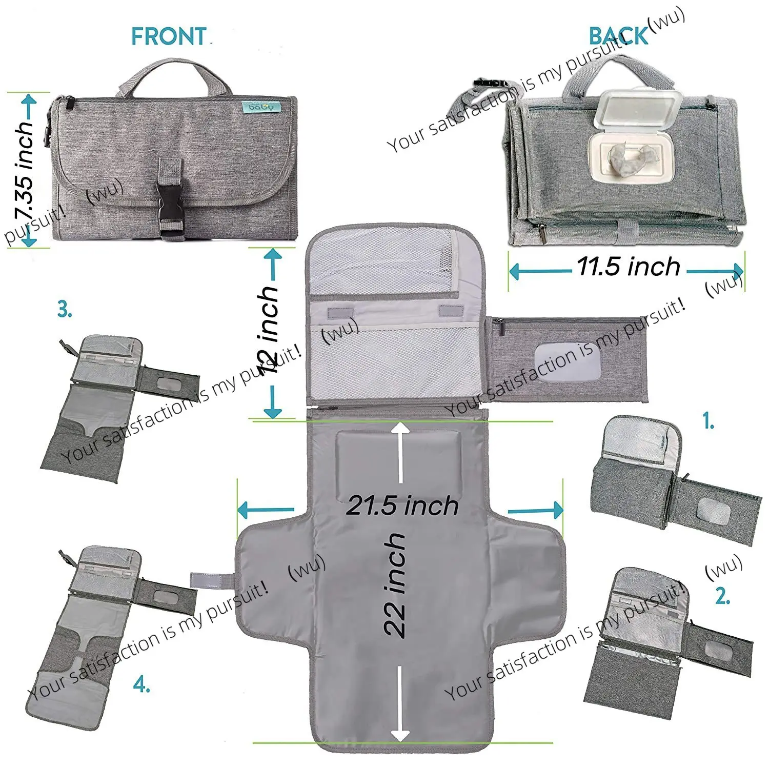 Stroller suspended neonatal urine pad, portable waterproof multi-functional baby diaper changing pad with wet tissue
