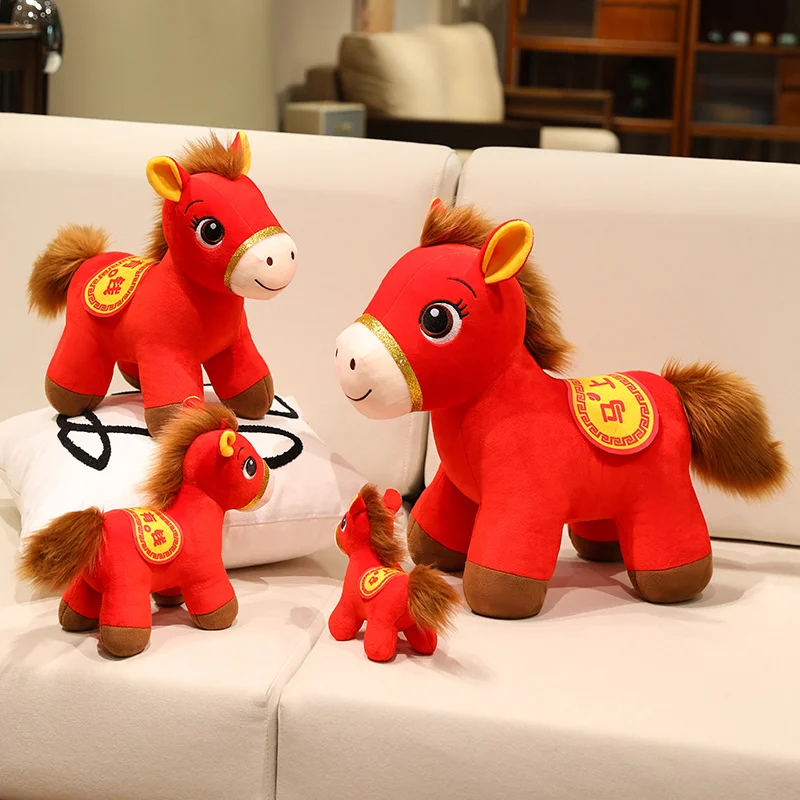 Caballo de la suerte rojo de 20/30/40cm, juguete de peluche, mascota de Año Nuevo, caballo de juguete de peluche, Boutique de Chinatown, decoración de Pony, regalo de Festival para niños ﻿
