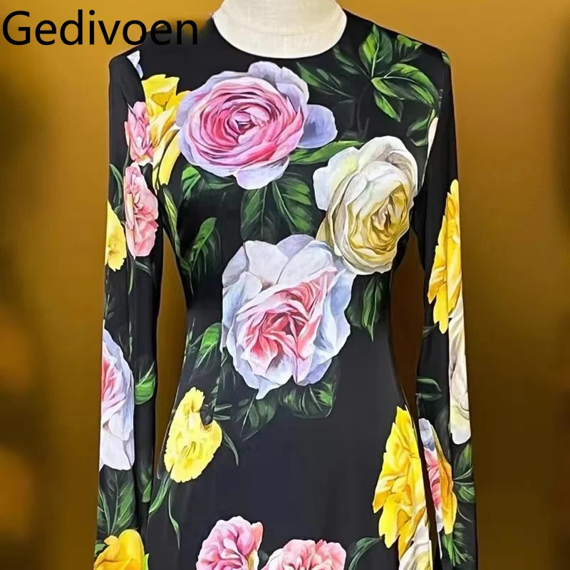 Gedivoen Autumn And Winter Women's Dress Long Sleeved High Waist Elegant Print Pretty Slim-Fit Hip Wrap Black Silk Dresses