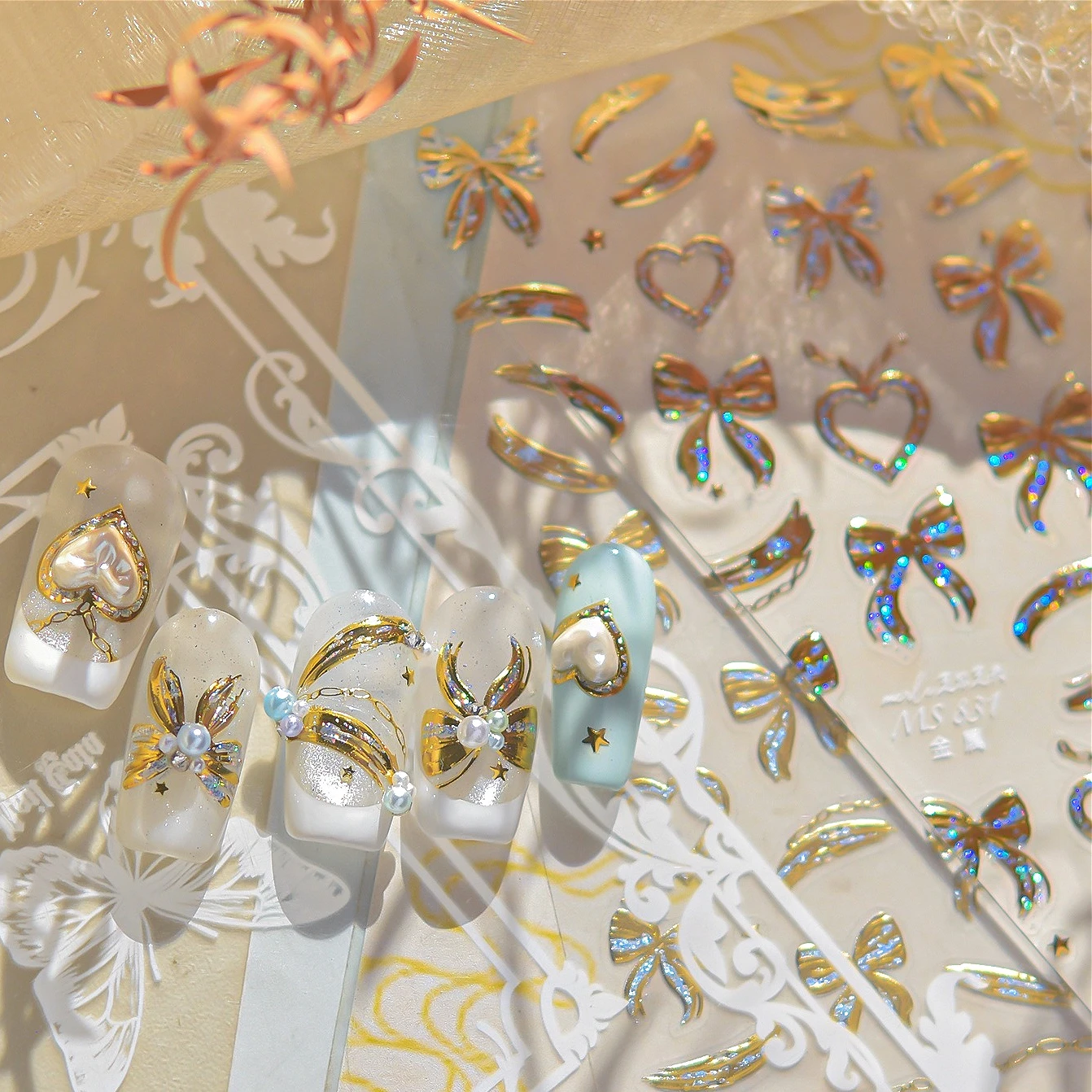 

Luxury Gold Bowknot Love Heart Ribbon Bow Tie Glitter Powder Nail Art Stickers Decals Manicure Tools Charms Decorations Supplies