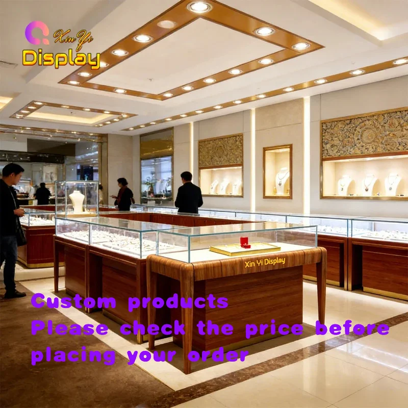 custom.Luxury Modern Wooden Jewellery Display Cabinet LED Light Tempered Glass Showcase Counter Eco-Friendly Customizable Jewelr