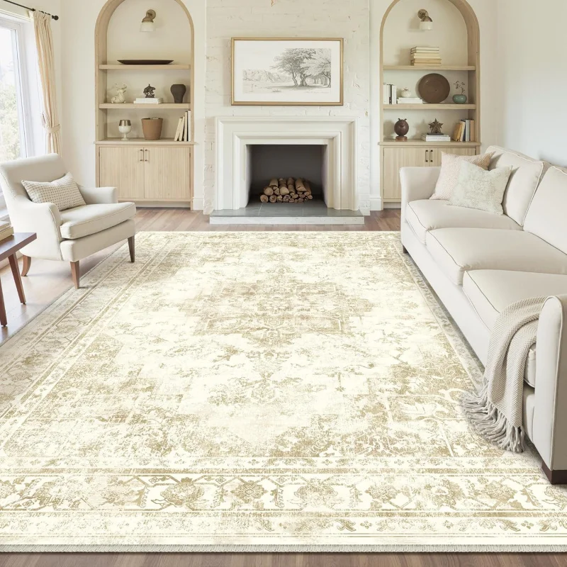 

8x10 Area Rugs for Living Room Non Slip Low Pile Soft Vintage Floral Accent Thin Washable Carpet Antique Indoor Rug for Office