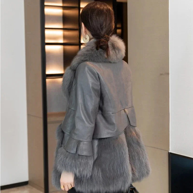 Genuine Sheepskin Leather Coat Women Clothing Real Fox Fur s And Jackets Patchwork Roupas Feminina Zm