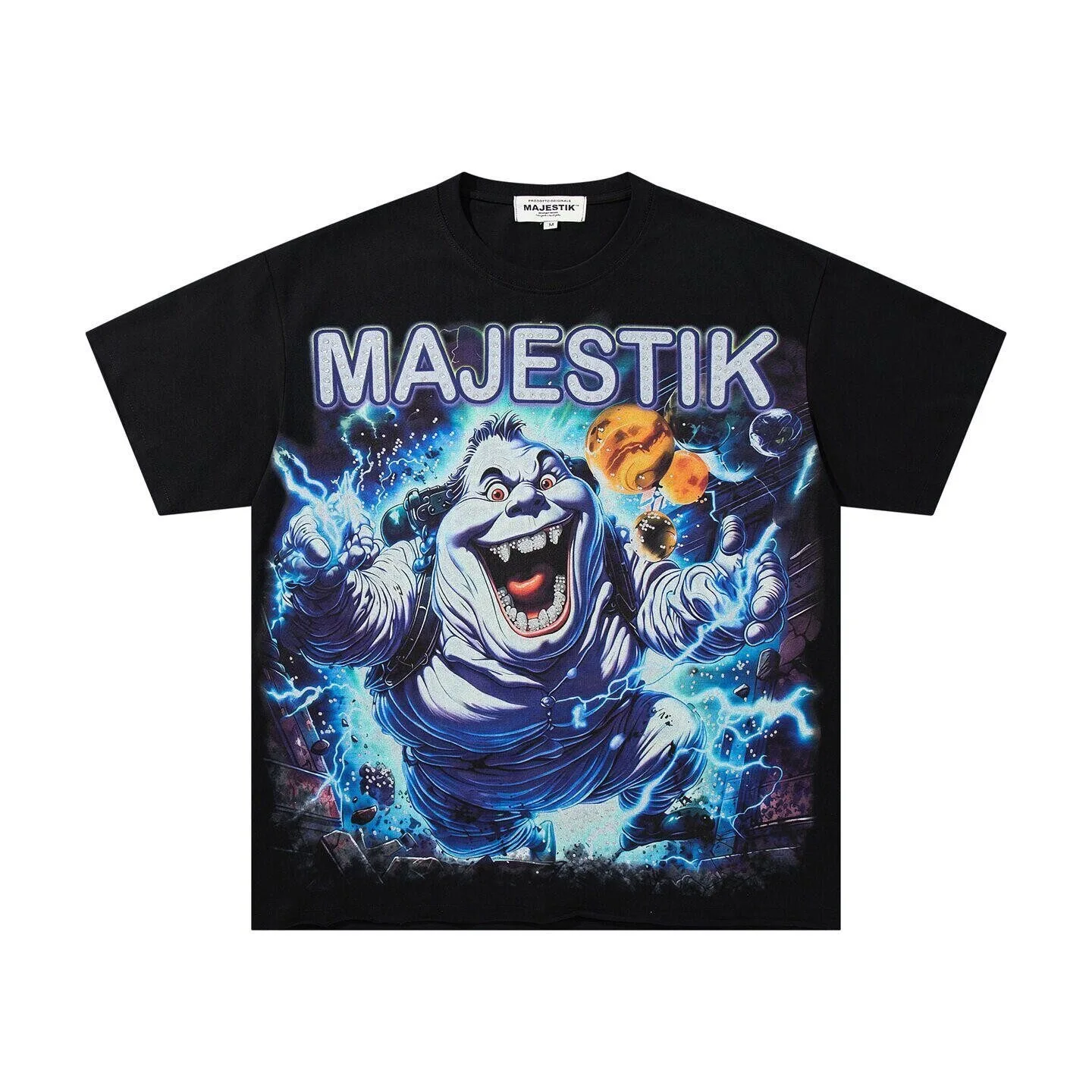 MAJESTIK American cartoon pattern short-sleeved T-shirt with loose straight-printed sequined rock band top design