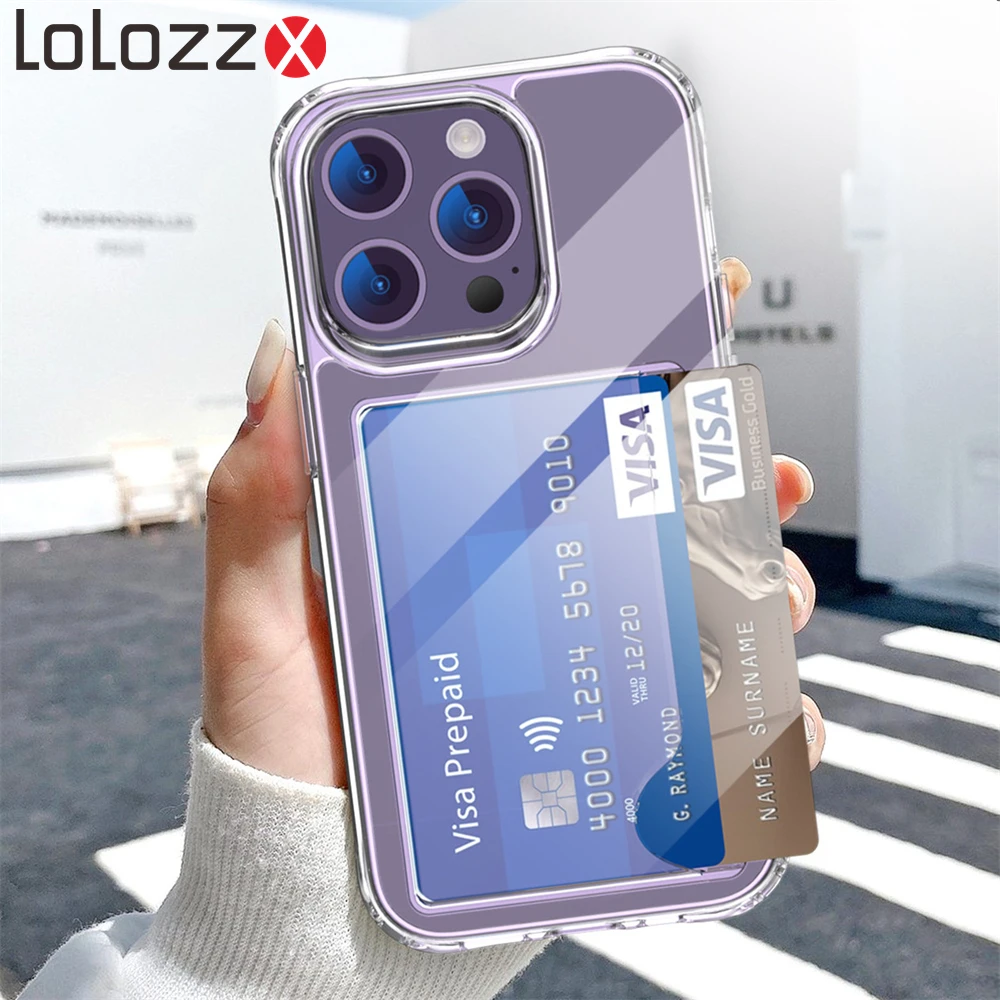 Funda transparente con ranura para tarjetas anticaída de cuatro esquinas para iPhone 16 15 Pro Max 17 14 13 12 11 XR XS 15 Plus HD cubierta acrílica