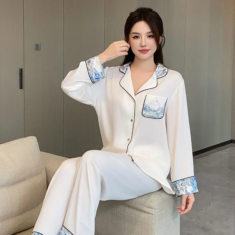 

Lapel Print Pajamas Set Women Rayon Satin Sleepwear Nightsuits Pijama Mujer Spring Long Sleeve Shirt&pants 2Pcs Home Clothes