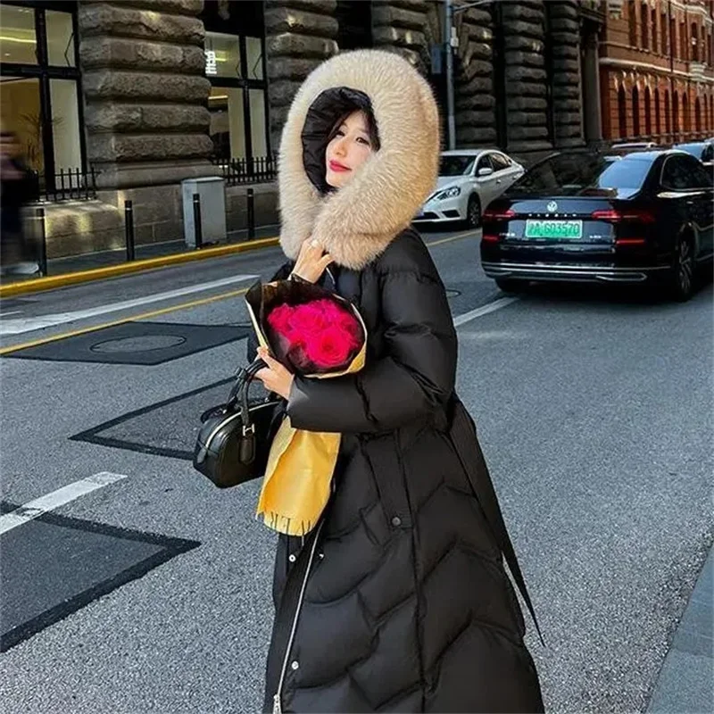 Fur Collar Hooded Long Slim Lace-up Down Jacket for Women's Winter Loose and Thick Warm Jacket Fashion Female Clothes