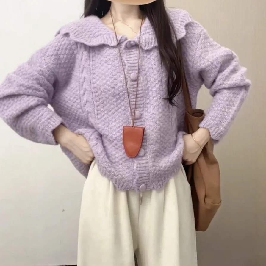 Taro Purple Doll Collar Knitted Cardigan Top Women 2026 Autumn and Winter Sweet and Cute Casual with Soft Waxy Sweater
