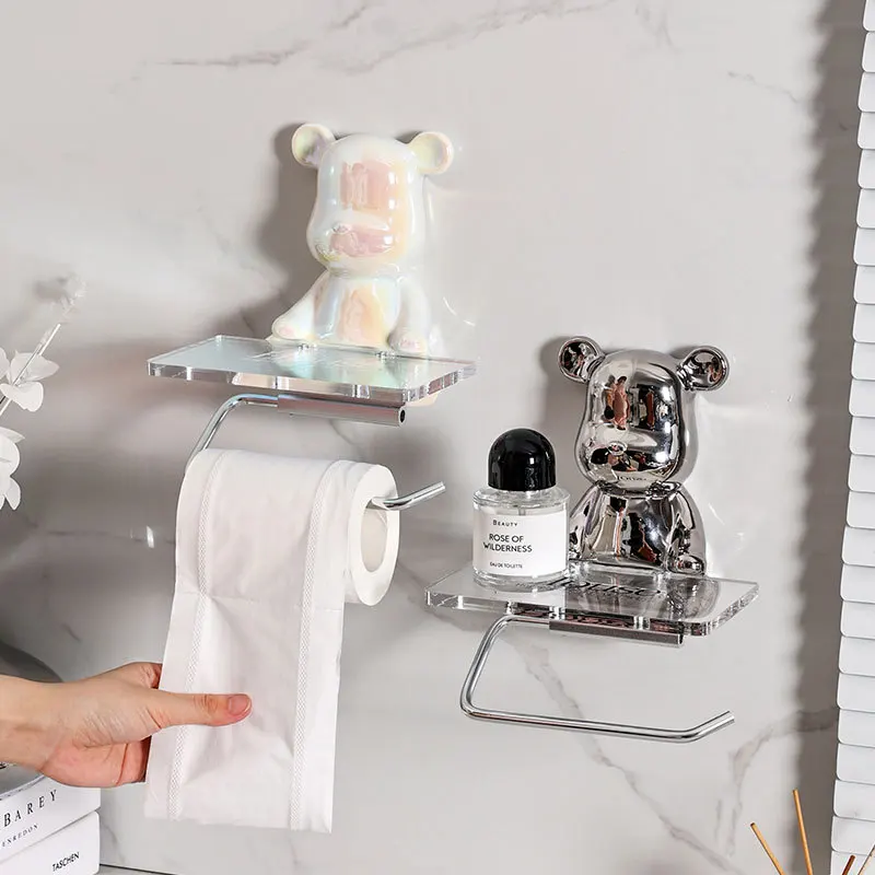 Ceramic Plating Bear Figurine, Bathroom Shelf with Roll Storage Rack, Bathroom No-Punch Toilet Decoration Rack.