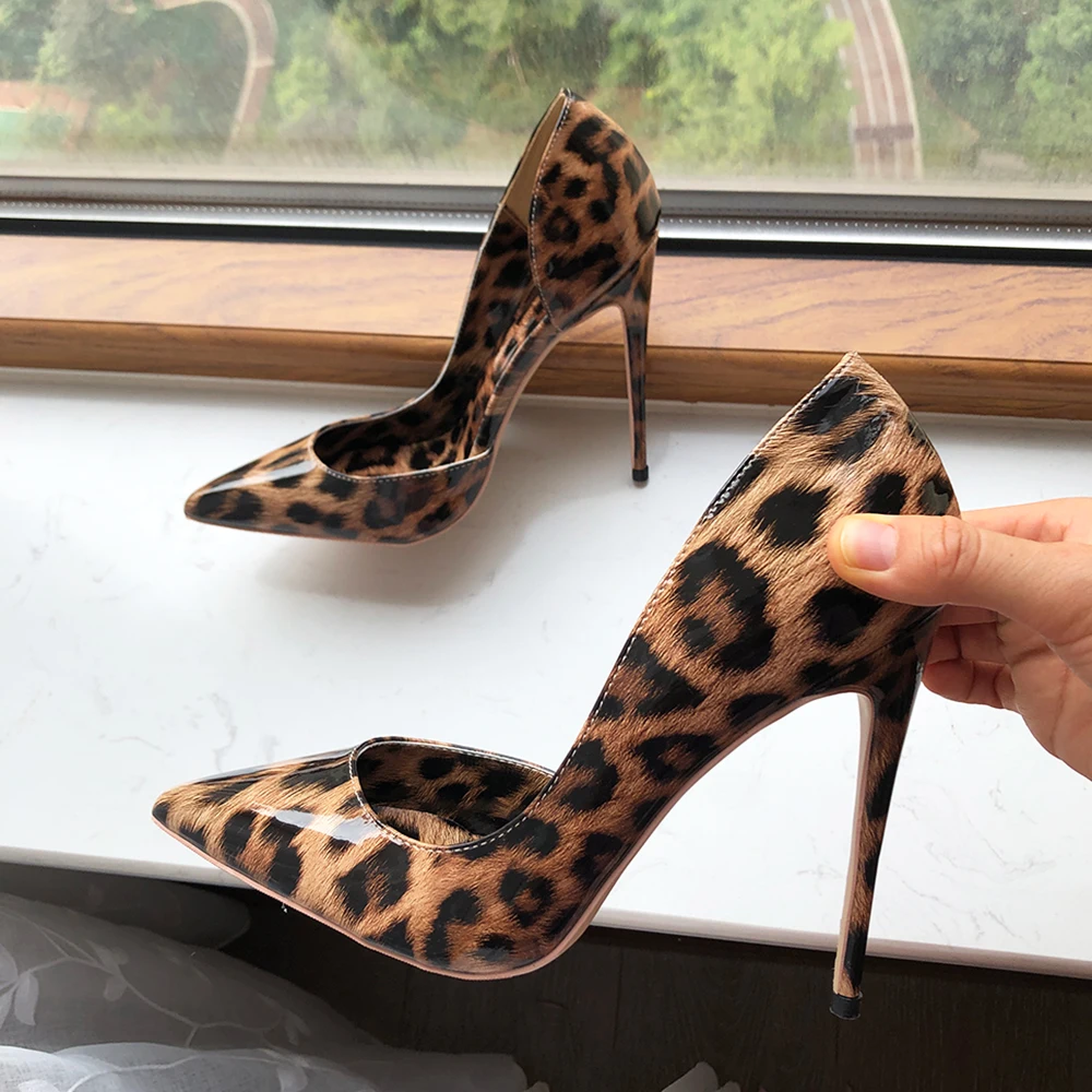 Tikicup Glossy Leopard Women Pointy Toe Side Cut High Heel Shoes for Party Dress Sexy Ladies Evening Dress Stiletto Pumps