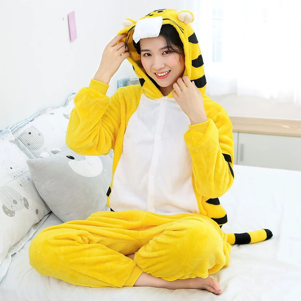 Tiger Cartoon Animal Onesie Pijama Set para crianças, pijamas de flanela quente, Halloween Cosplay Traje, inverno, 1 pc