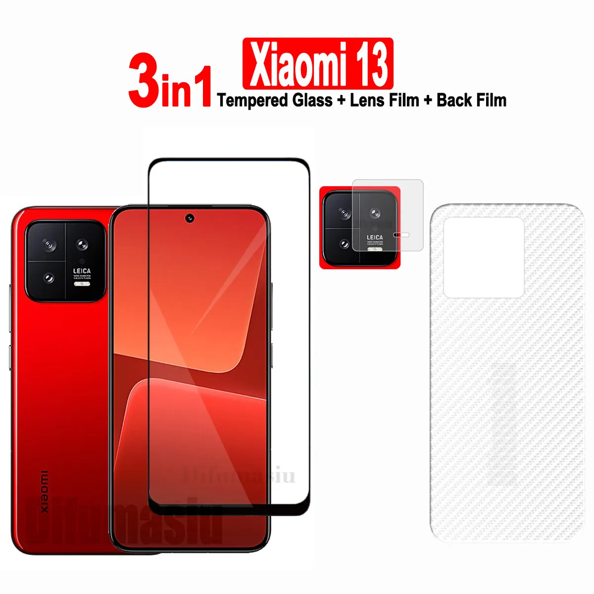 

3in1 For Xiaomi 13 Tempered Glass Film Screen Protector + Camera Lens Film+ Carbon Fiber Back Film